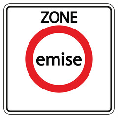 Emission zone road sign informing about traffic restrictions for polluting vehicles in urban area