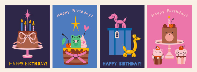 Happy birthday Greeting card set. Cute Celebration cakes with candles, kawaii cupcakes, gift and Inflatable animal figurines, balloons. Trendy modern vector illustration, hand drawn, flat design