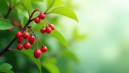 Fototapeta premium Long stems with clusters of red berries and green leaves, garden plants, botany