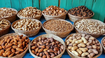 Obraz premium Variety of Nuts in Baskets Displayed on Rustic Wooden Table
