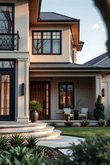 Fototapeta premium Luxury Modern Home Exterior: Elegant Facade Design, Landscaping, and Pathway. A stunning contemporary residence showcasing beautiful architecture and landscaping.