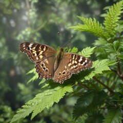 Fototapeta premium Speckled wood pararge aegeria perched on a large green nettle, foliage, perched