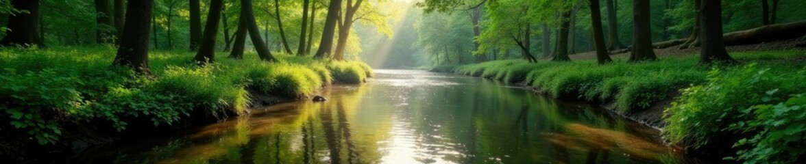 Naklejka premium River Huntspill flowing through woodland forest, woods, forest, wildlife