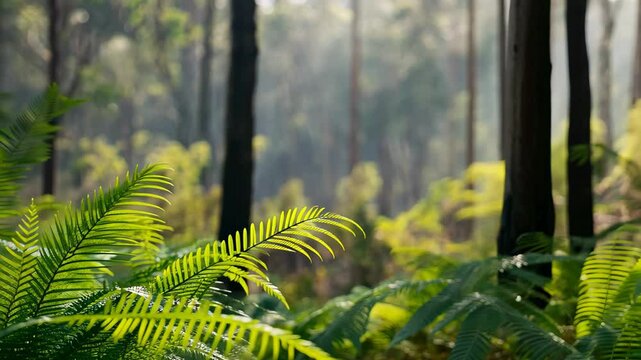 Exploring ferns in a tranquil Australian nature conservation park during morning light, Australia nature conservation park Ferns in forest