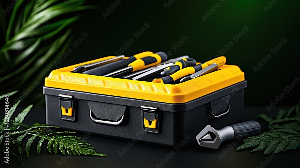 Poster tools in a toolbox surrounded by green foliage and nature elements