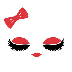 Cute woman, closed big eyes with long lashes, red lip, bow