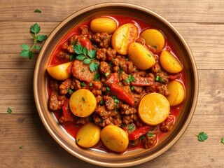 Pan-seared potatoes and minced meat in a rich tomato sauce with fresh herbs on a wooden plate, dinner, herbs, traditional