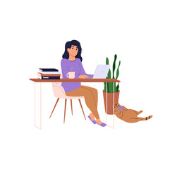 Home office concept, woman working at home, freelancer or student sitting at desktop, table. Flat graphic vector illustration isolated on white background