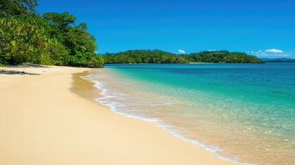 Serene Tropical Beach with Clear Water and Lush Greenery