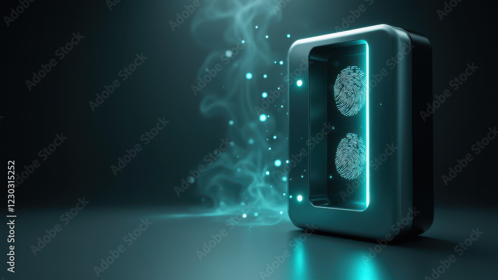 Poster internet security device with glowing blue elements on a dark surface.