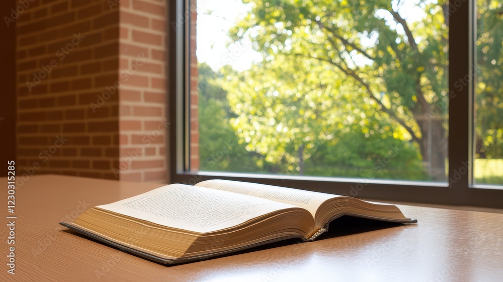 Poster open book on a table by a window overlooking green trees
