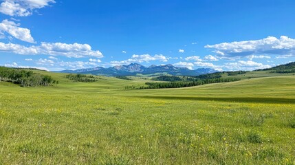 Fototapeta premium Vast Green Meadow with Mountain Range Under Bright Blue Sky