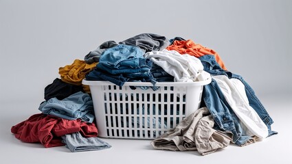 Clothes Overflowing in a White Plastic Basket, Representing Laundry Pile and Household Chores