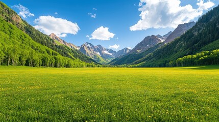 Vibrant Valley Landscape Under Clear Blue Sky and Majestic Mountains