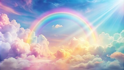 Pastel rainbow ombre background with fluffy white clouds and a few strategically placed sunbeams, whimsical, ethereal, calming, sunny day