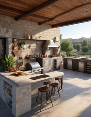 Fototapeta premium Patio with built-in BBQ area and outdoor kitchen, modern decor, poolside relaxation