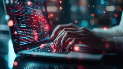 Computer programmer using laptop, data processing connecting with internet global network, cloud computing and data center network server, cyber security, software development, data engineering. High