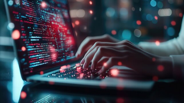 Computer programmer using laptop, data processing connecting with internet global network, cloud computing and data center network server, cyber security, software development, data engineering. High