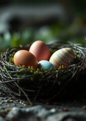 Easter eggs in a nest made out of moss easter egg holiday illustration celebration easter