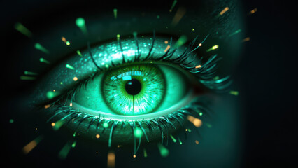 Eye with glowing green cybernetic enhancements, symbolizing internet security and advanced technology.