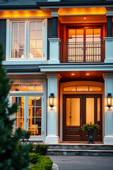 Luxury Home Exterior at Night: Modern Architecture, Elegant Design, and Warm Lighting