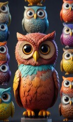 Playful owl characters in different colors and designs, designs, lively