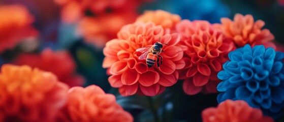 Obraz premium Vibrant flowers attract busy pollinator bee.