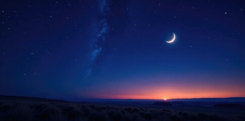 Fototapeta premium Starry night sky with a crescent moon shining bright over the open plains, nature, night sky
