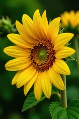 Obraz premium Sunflower petals unfolding against green foliage, blooming, foliage, garden