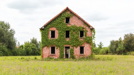 Obraz premium Abandoned House Covered in Green Ivy Surrounded by Nature