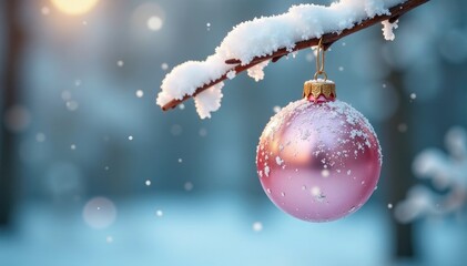 Fototapeta premium A delicate pink and white ornament hangs from a snow-covered tree branch, snowflakes, frosty