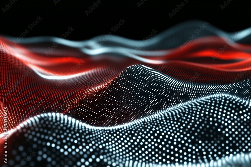 Fototapete abstract background with dark blue and red colors, glowing lines of dots connecting to each other in