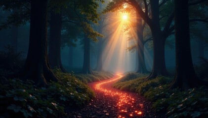 Fototapeta premium A glowing light guides through the winding forest, guidance, magical, illuminated
