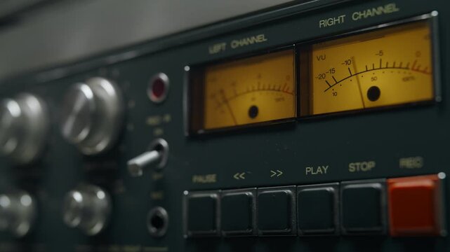 Close-Up of a Vintage Reel-to-Reel Tape Recorder with VU Meters