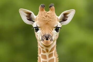 Obraz premium Playful young giraffe with big eyes against a blurred green background