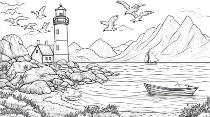 Coastal lighthouse, sailboat, seagulls, rocky shore, serene landscape; coloring book page