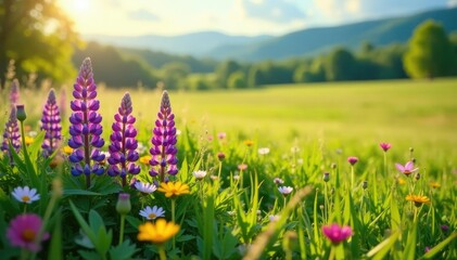 A peaceful meadow with a carpet of lupines and wildflowers swaying in the breeze, warm, sunny, grasslands