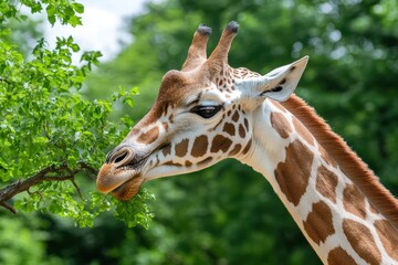 Obraz premium Giraffe Feeding on Leaves Near Lush Greenery in Natural Habitat