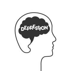 Depression concept with word inside the brain, head and face silhouette of a person. Brain shape in dark color as depressed mind and mental state, negative feeling, emotion or thought symbol.