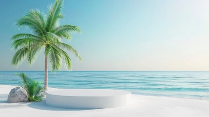 Serene Beach Scene with Palm Tree and Calm Ocean Waters