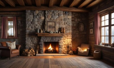 Rustic wooden cabin wall with old wooden beams and stone fireplace, rustic, wood