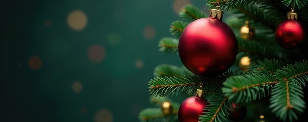 A shiny red ball precariously balanced on top of a towering Christmas tree, balls, tree