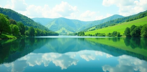 Fototapeta premium A serene lake reflects the rolling hills of green in the distance, peaceful, nature