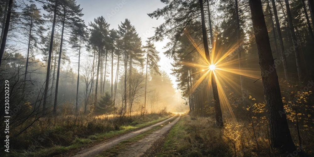 Wall mural Minimalist Forest Sunburst: Golden Rays Through Trees