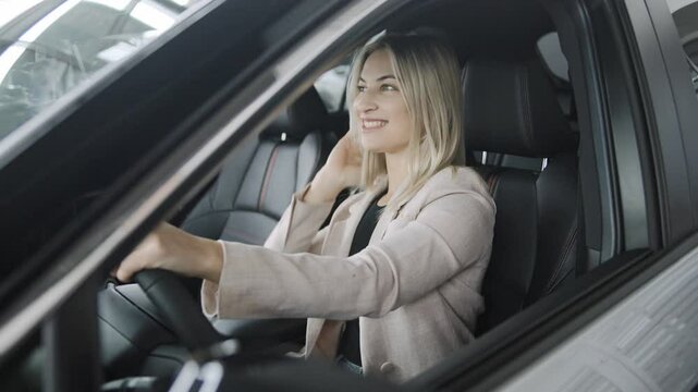 Experience the thrill of test driving a car in slow motion at the showroom with a female buyer