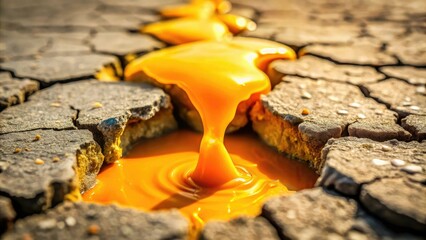 Obraz premium Saffron-colored slime oozes out of a crack in the ground, revealing a hidden underground world, ruins, dark, slime, cave