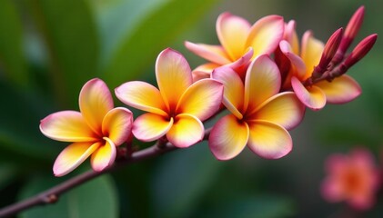Fototapeta premium colorful frangipani flowers on a long thin stem, stems, garden, spring