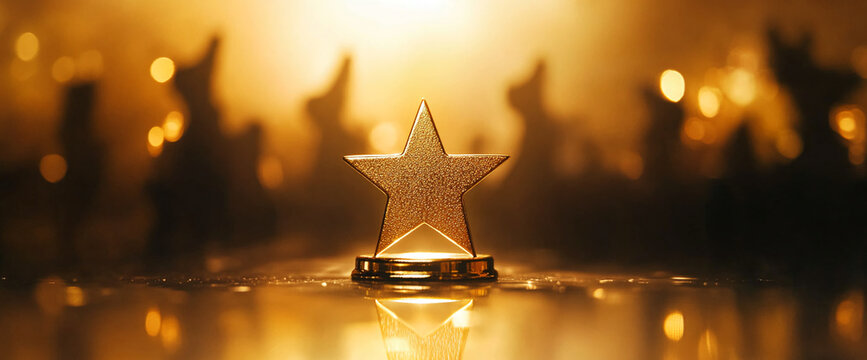 Golden star trophy on a reflective surface with a blurred festive background, symbolizing success, achievement, recognition, and excellence in awards and competitions