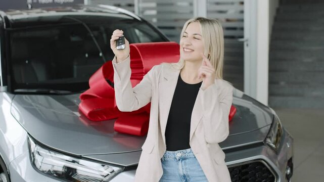 Slow motion of a woman celebrating her car purchase in a stylish showroom with a big bow on the vehicle