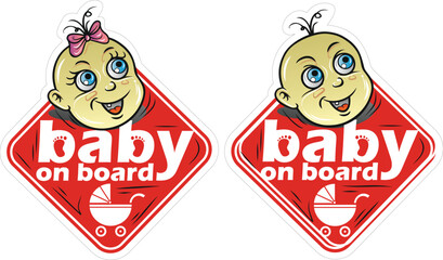 Baby on board signs displaying smiling baby faces, suitable for car windows and promoting child safety